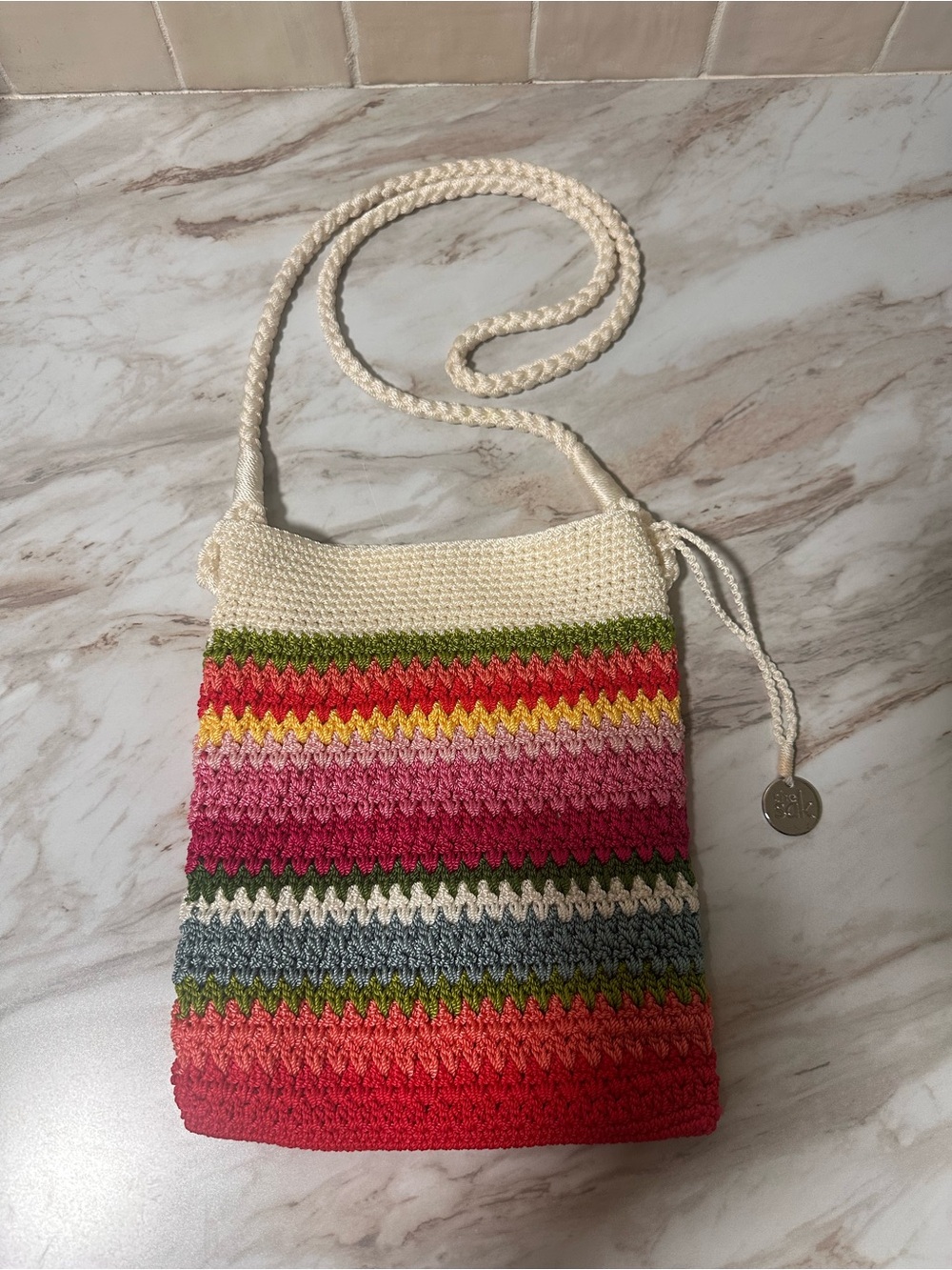 Vintage The Sak Crochet Crossbody Bag Multicolor Striped Boho Y2K